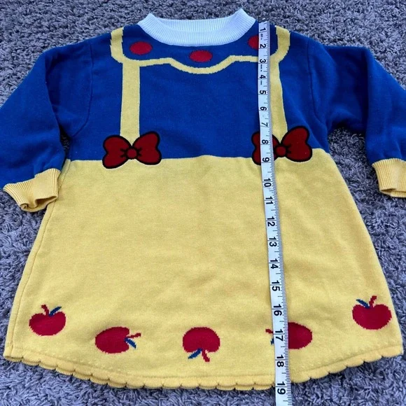 Vintage Kids Snow White Inspired‎ Knit Dress Blue Yellow Apples Bows 6 7 size - Picture 3 of 7